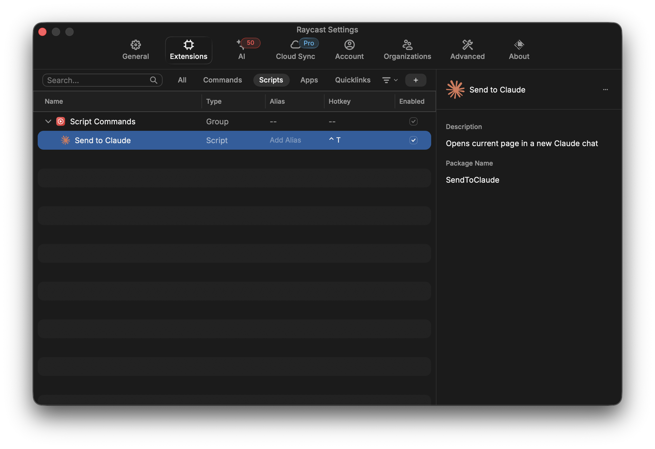 Raycast settings showing the Send to Claude script command